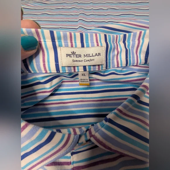 Peter Millar XL 'Summer Comfort' Polo Short Sleeve Blue Stripe - Some Pilling - Picture 7 of 16